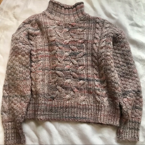 GAP Sweaters - Gap large chunky cable knit crop turtleneck cozy pink grey